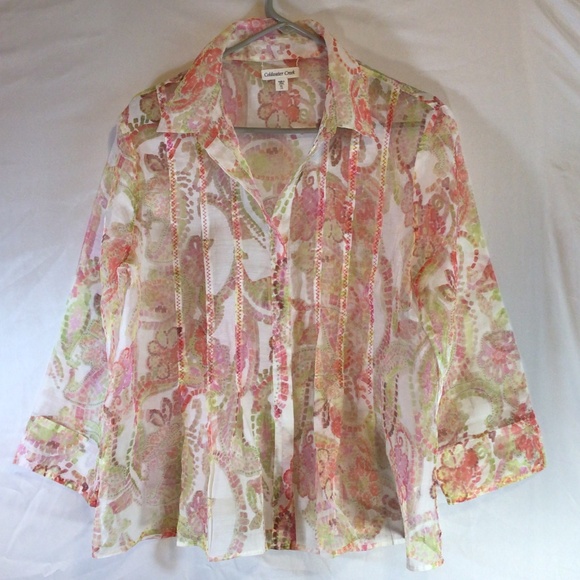 Coldwater Creek Women’s Blouse Size XL Semi-Sheer Abstract Floral Pleated Front - Picture 1 of 14